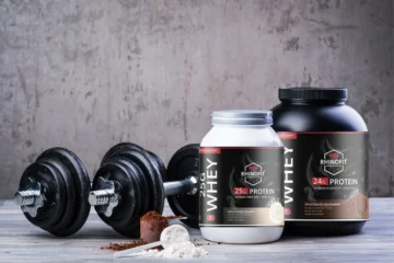 Image of RhinoFit Whey Protein Powder including Whey Protein Concentrate, Isolate, and Hydrolysate.
